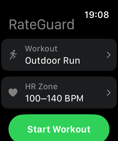 RateGuard setup screen showing workout type and HR zone
