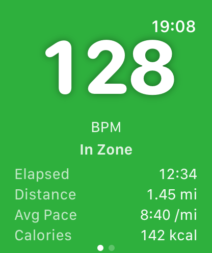 RateGuard on Apple Watch showing 128 BPM in the green zone with workout metrics