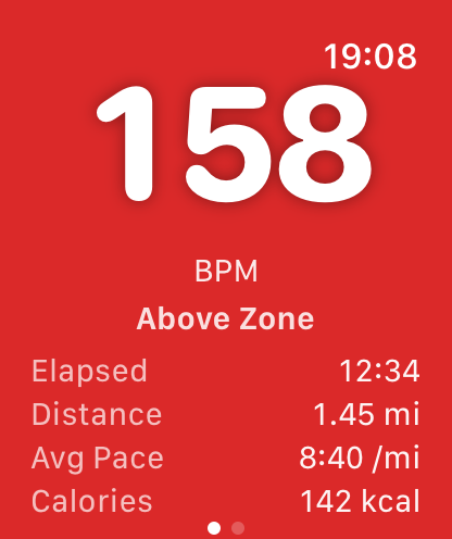 Above target — BPM 158 on a red background